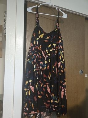Black Floral-Print Midi Dress with Spaghetti Straps